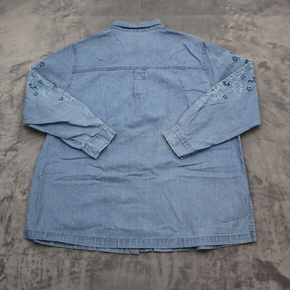 Passion-I Shirt Womens L Blue Denim Button Front Floral Embroidered Pocket - Picture 9 of 16